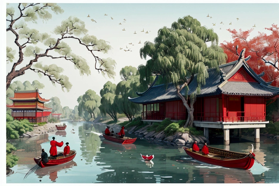 Chinese illustration, a green willow tree on the riverbank in the style of Wu Guanzhong, people sitting under it playing, red and yellow decorations hanging in front of white-walled thatched houses, a boat riding through the water with geese flying above, in a traditional Chinese painting style with simple lines, bright colors, and a high definition on a white background.


