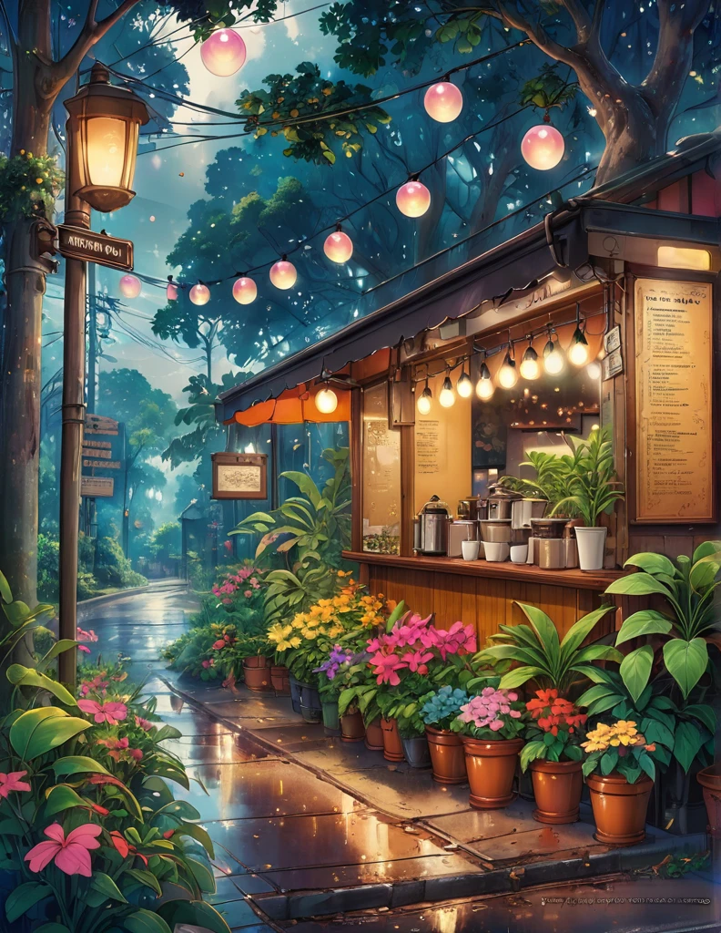 super wide perspective, string lights, hanging pots, ghibli anime scene, coffee shop in the woods, moody weather, leaves falling from tree, light bubble around street light, under a big banyan tree, street light, poles and wires, tropical leafy plant pots, menu board, sign board, long grass with wild flowers, in the middle of nowhere, vibrant color tones, ghibli style, no humans, scenery, masterpiece, high resolution