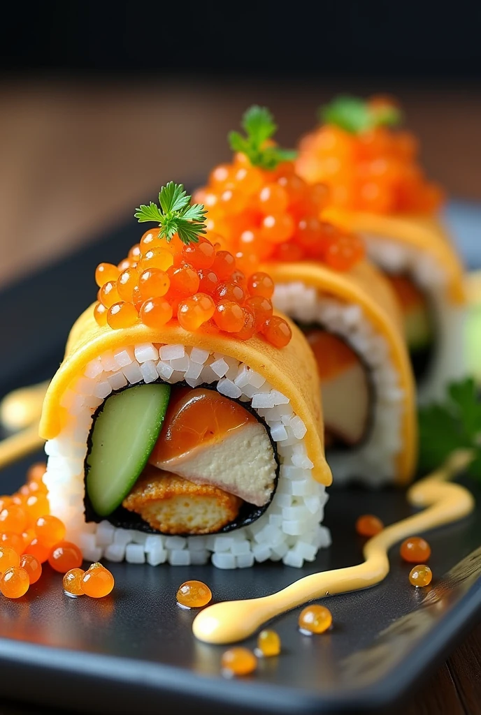 A sushi roll, with chicken reshmi kabab, thinly sliced cucumber, onion, and garlic coriander myo sauce as filling topped with tossed chese and fish roe