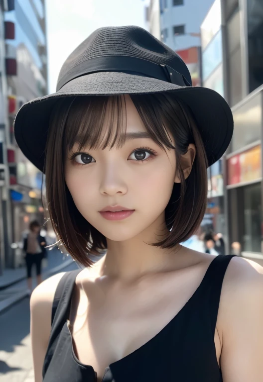 (((City:1.3, outdoor, Photographed from the front))), ((medium bob:1.3, black dress, hat,japanese woman, cute)), (clean, natural makeup), (highest quality, masterpiece:1.3, 超High resolution), (Super detailed, caustics), (realistic:1.4, RAW shooting), very detailed, High resolution, 16K resolution