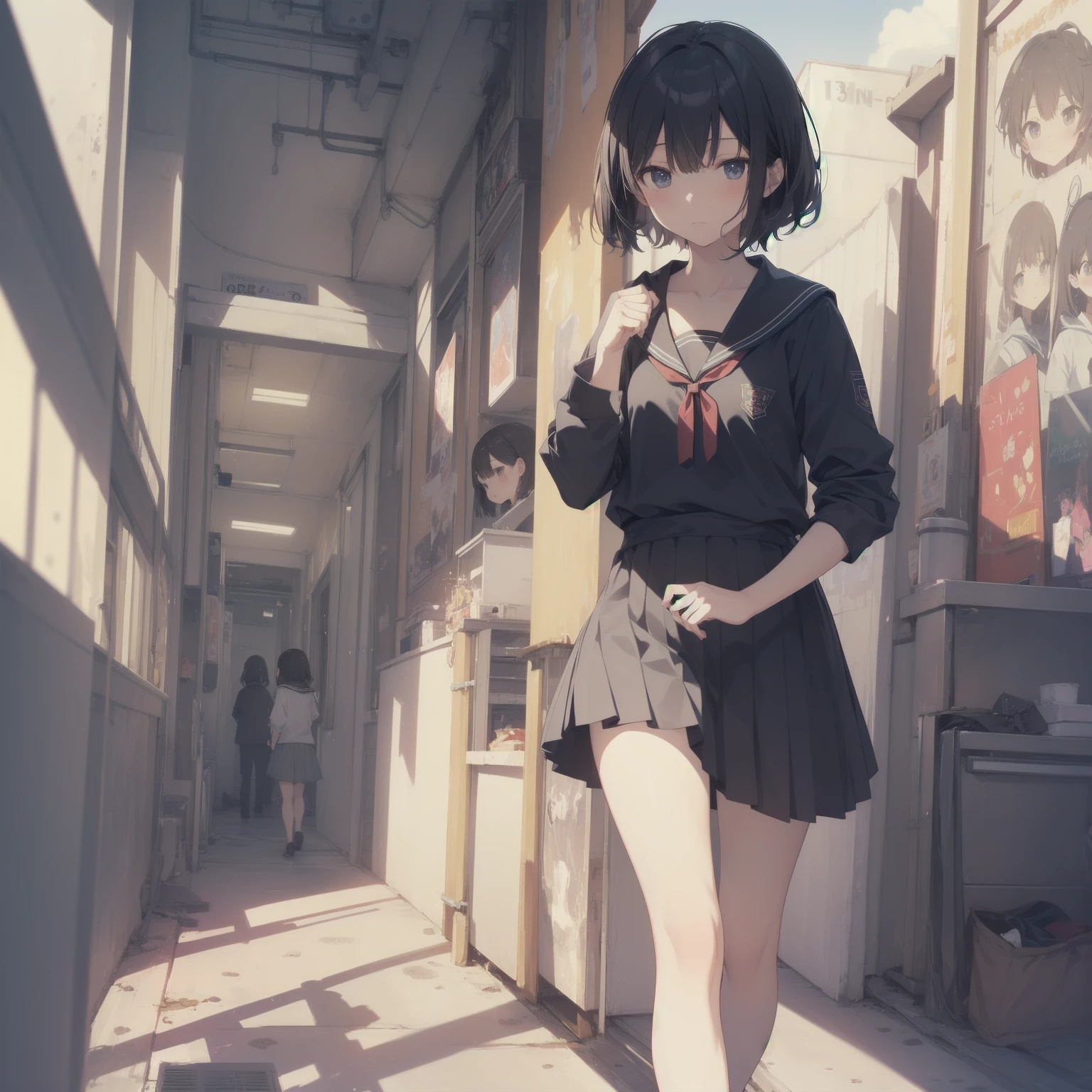 ultra-absurdres-Top quality by artist God, ultra-detailed, high resolution, anime moe artstyle, best anime 8k konachan wallpaper, pixiv contest winner, pool:2810, perfect anatomy,break, 1girl, (Please draw a girl walking sleepily to school alone. )break,(Solo,little female, 13-year-old:1.3),Full limbs, complete fingers,a junior high school student, (very short hair), short cut, flat chest, , small butt, small black eyes, beautiful detailed eyes, well-proportioned iris and pupils, expressive eyes, highres detailed hair, soft expression, salor school_uniform, sailor collar, serahuku, bow, pleated skirt,(Detailed Lighting), (Detailed background), in the School commute route. break,super detailed skin, Best cinematic lighting powered by famous artist, 8k,beauty illustration,photoshop_(medium),very aesthetic,break,((artist:yuureidoushi_(yuurei6214) )), artist:clamp ,artist:carnelian ,artist:kantoku ,
