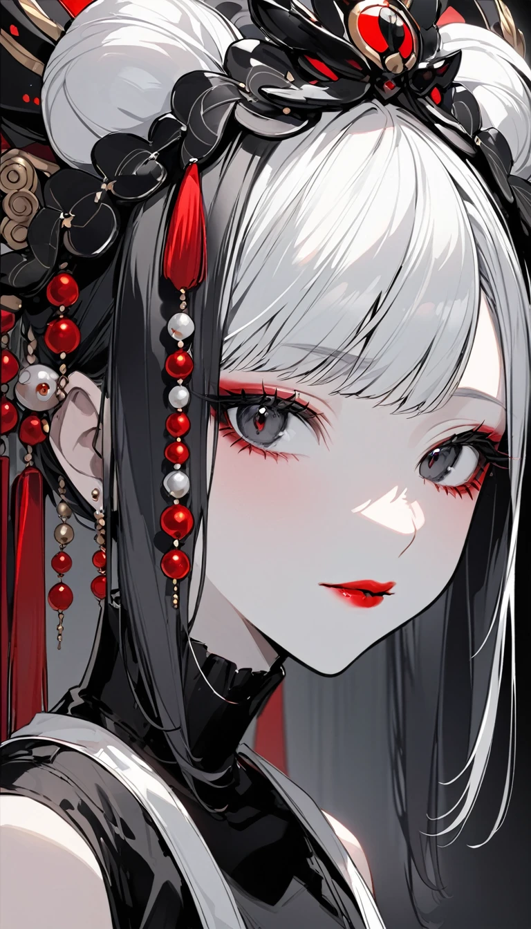 Japanese Oiran、1People Women、black eye、Hold a small lip brush over your lips、Red lips、Beautiful Japan hair ornament、Face close-up、Overall black and white