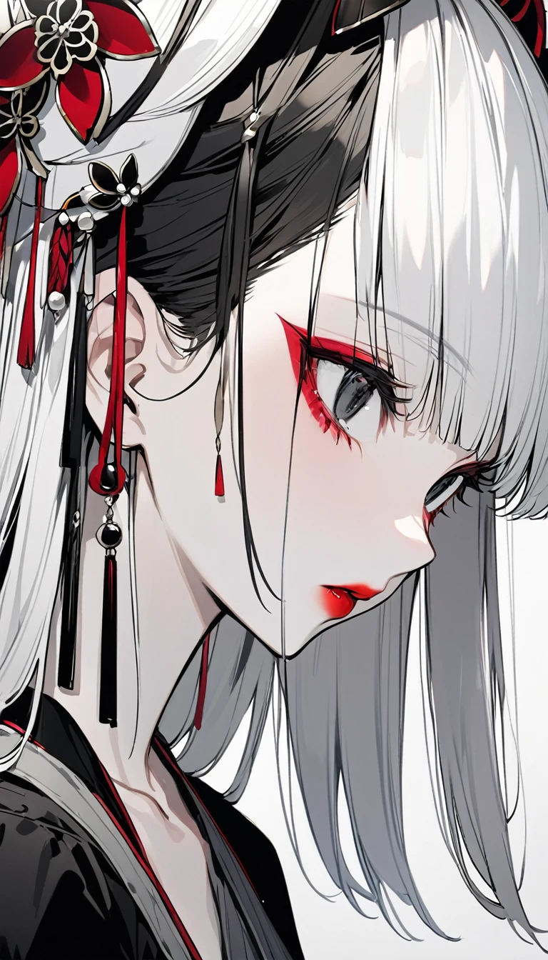 Japanese Oiran、1People Women、black eye、Hold a small lip brush over your lips、Red lips、Beautiful Japan hair ornament、Face close-up、Overall black and white