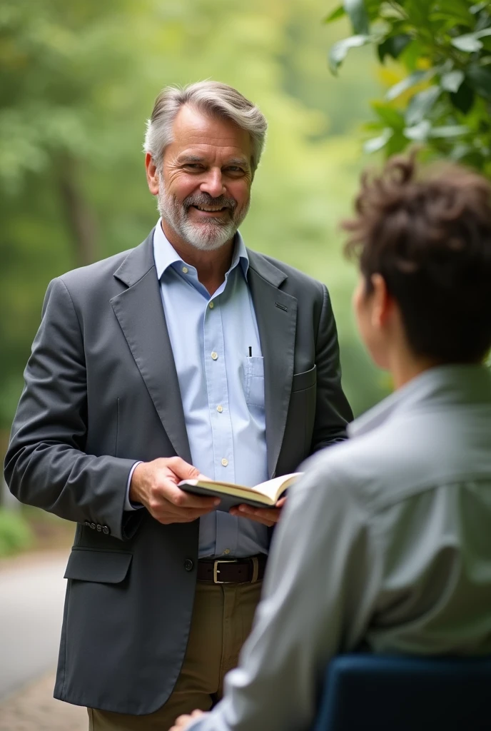 Psychologist man wear work uniform take notebook
with him client out door
