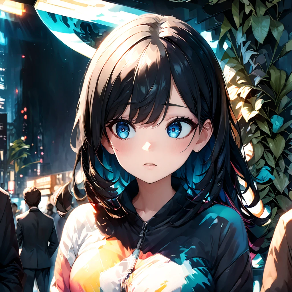 Highest quality, 4k wallpaper, 8k, ultra-high resolution, masterpiece, highly detailed CG, highly detailed eyes, ultra-detailed, complex details, public, 1:1, one girl (long black hair, slim) and one boy, a lonely girl in the center looking up, a shy and lonely girl in the center, a scene where the girl and the boy are passing by each other, neon pop abstract art style, abstract plant art, public, highly detailed flow of bubbles, dynamic art, cinematic lighting