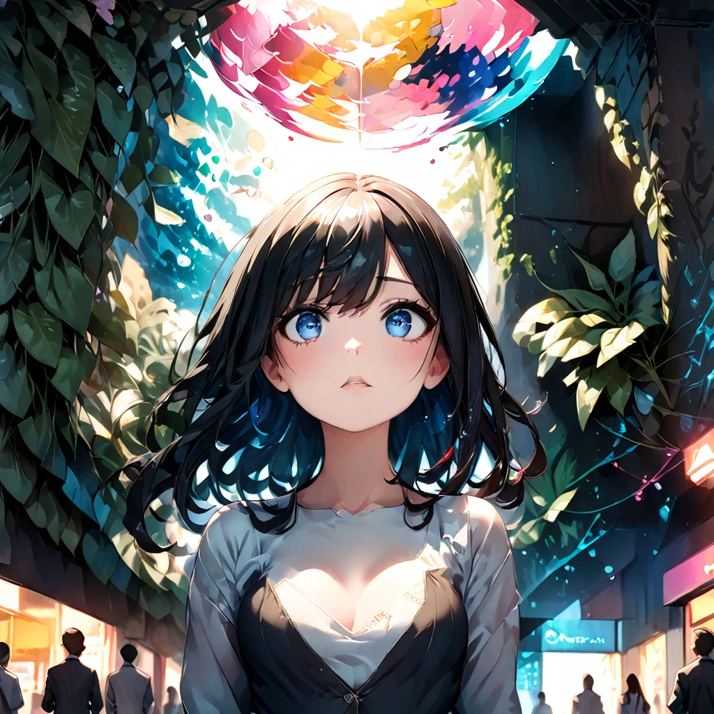 Highest quality, 4k wallpaper, 8k, ultra-high resolution, masterpiece, highly detailed CG, highly detailed eyes, ultra-detailed, complex details, public, 1:1, one girl (long black hair, slim) and one boy, a lonely girl in the center looking up, a shy and lonely girl in the center, a scene where the girl and the boy are passing by each other, neon pop abstract art style, abstract plant art, public, highly detailed flow of bubbles, dynamic art, cinematic lighting