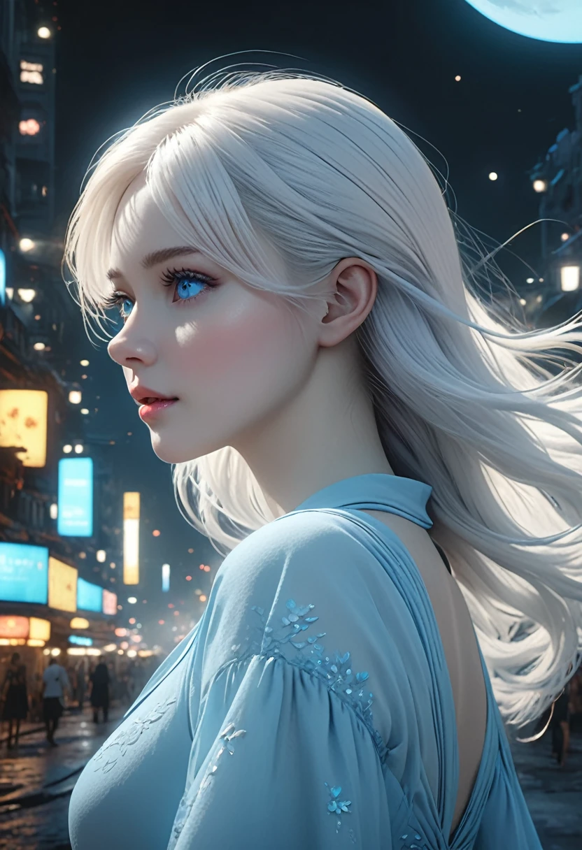 1girl, pale skin, long white hair, blue eyes, wearing a simple light blue dress, black background, on the city moon, (best quality,4k,8k,highres,masterpiece:1.2),ultra-detailed,(realistic,photorealistic,photo-realistic:1.37),cinematic lighting,dramatic lighting,ethereal,surreal,digital art,fantasy,concept art,soft colors,cool colors