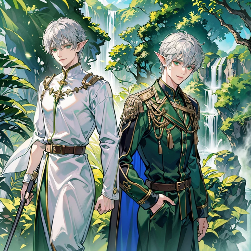 Elf with medium cut, curly, silver hair. The male Character has green eyes, is slim and fair-skinned, and wears a white robe under a green cloak. The elf also has fingerless gloves, brown pants and a belt. The character should look cute but have a more handsome appearance. He smiles in front of a view of a waterfall.