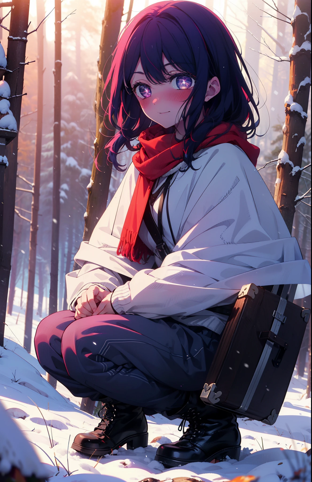 aihoshino, Ai Hoshino, Long Hair, bangs, (Purple eyes:1.1), Purple Hair, (Symbol-shaped pupil:1.5), smile,,smile,blush,white breath,
Open your mouth,snow,Ground bonfire, Outdoor, boots, snowing, From the side, wood, suitcase, Cape, Blurred, , forest, White handbag, nature,  Squat, Mouth closed, Cape, winter, Written boundary depth, Black shoes, red Cape break looking at viewer, Upper Body, whole body, break Outdoor, forest, nature, break (masterpiece:1.2), Highest quality, High resolution, unity 8k wallpaper, (shape:0.8), (Beautiful and beautiful eyes:1.6), Highly detailed face, Perfect lighting, Extremely detailed CG, (Perfect hands, Perfect Anatomy),