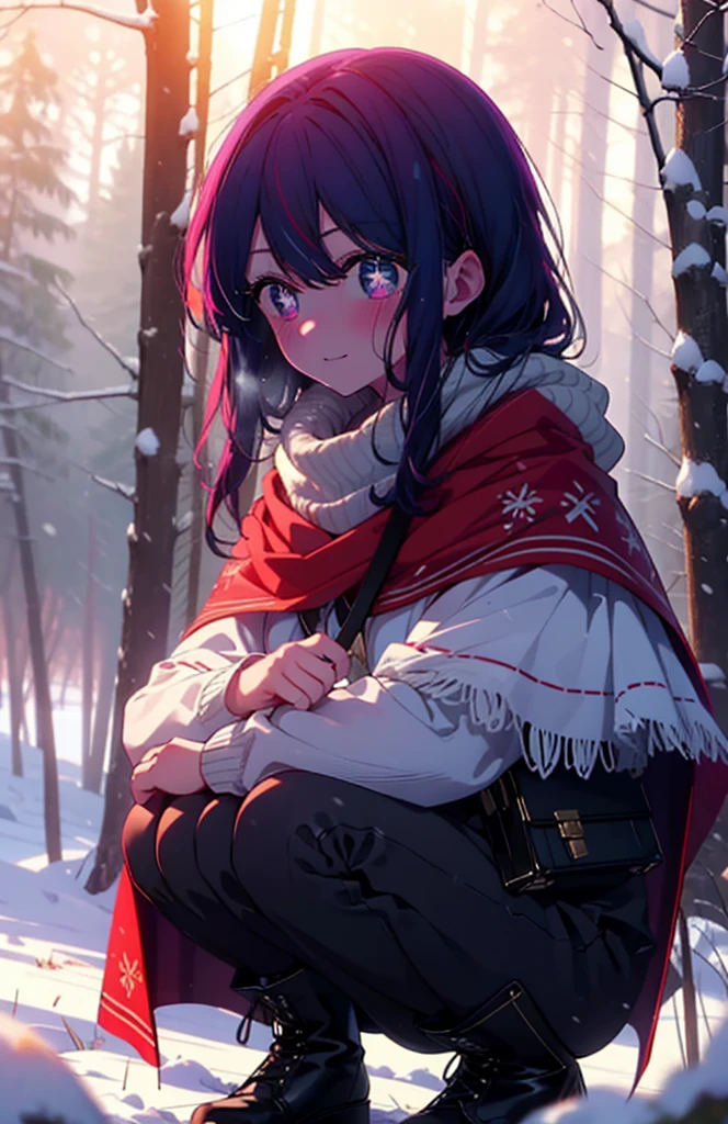 aihoshino, Ai Hoshino, Long Hair, bangs, (Purple eyes:1.1), Purple Hair, (Symbol-shaped pupil:1.5), smile,,smile,blush,white breath,
Open your mouth,snow,Ground bonfire, Outdoor, boots, snowing, From the side, wood, suitcase, Cape, Blurred, , forest, White handbag, nature, Squat, Mouth closed, Cape, winter, Written boundary depth, Black shoes, red Cape break looking at viewer, Upper Body, whole body, break Outdoor, forest, nature, break (masterpiece:1.2), Highest quality, High resolution, unity 8k wallpaper, (shape:0.8), (Beautiful and beautiful eyes:1.6), Highly detailed face, Perfect lighting, Extremely detailed CG, (Perfect hands, Perfect Anatomy),