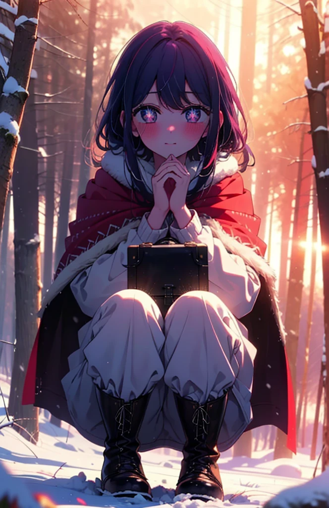 aihoshino, Ai Hoshino, Long Hair, bangs, (Purple eyes:1.1), Purple Hair, (Symbol-shaped pupil:1.5), smile,,smile,blush,white breath,
Open your mouth,snow,Ground bonfire, Outdoor, boots, snowing, From the side, wood, suitcase, Cape, Blurred, , forest, White handbag, nature, Squat, Mouth closed, Cape, winter, Written boundary depth, Black shoes, red Cape break looking at viewer, Upper Body, whole body, break Outdoor, forest, nature, break (masterpiece:1.2), Highest quality, High resolution, unity 8k wallpaper, (shape:0.8), (Beautiful and beautiful eyes:1.6), Highly detailed face, Perfect lighting, Extremely detailed CG, (Perfect hands, Perfect Anatomy),