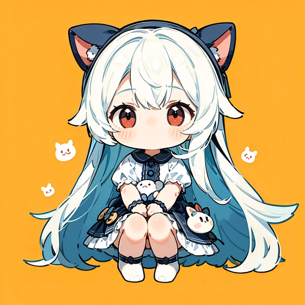 Little、cute、Highest quality、Masterpiece、Award-winning works、Full HD、Ultra-high resolution、Best aesthetics、Highest qualityの足の描写、Anime Style、Flat avatar、Milky white hair color、Long Straight Hair、Sitting with her legs stretched out、Inside a circular shape、Chic black and red dress、Holographic transparent seven-color background、Sanrio Character Plush Toys、