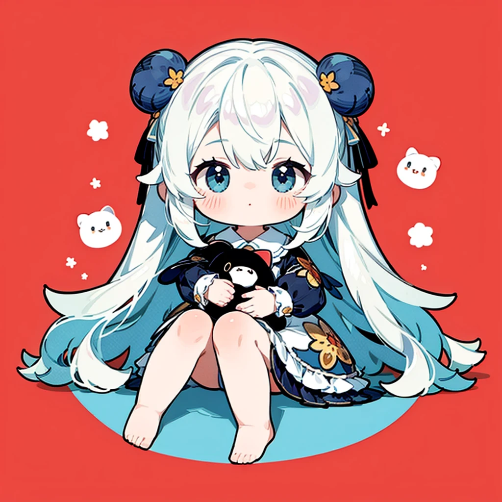 Little、cute、Highest quality、Masterpiece、Award-winning works、Full HD、Ultra-high resolution、Best aesthetics、Highest qualityの足の描写、Anime Style、Flat avatar、Milky white hair color、Long Straight Hair、Sitting with her legs stretched out、Inside a circular shape、Chic black and red dress、Holographic transparent seven-color background、Sanrio Character Plush Toys、