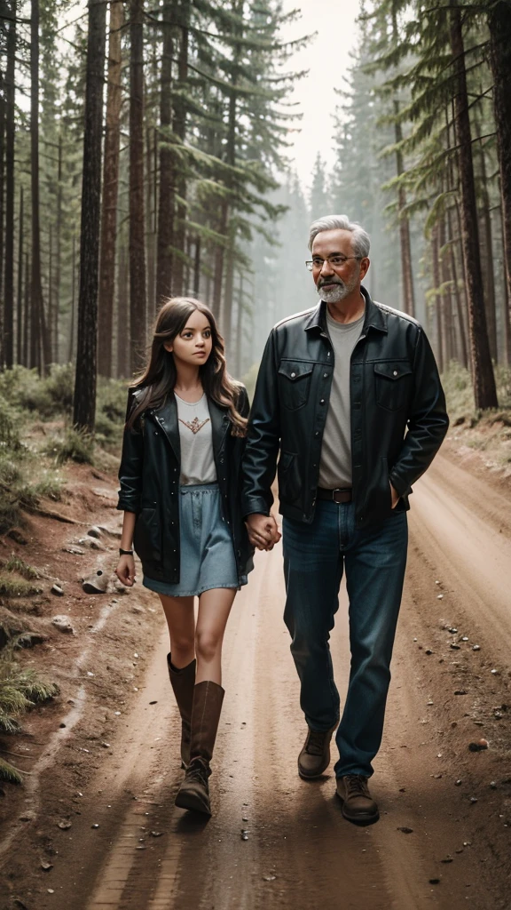 Father and daughter walking hand in hand on a dirt road surrounded by tall trees