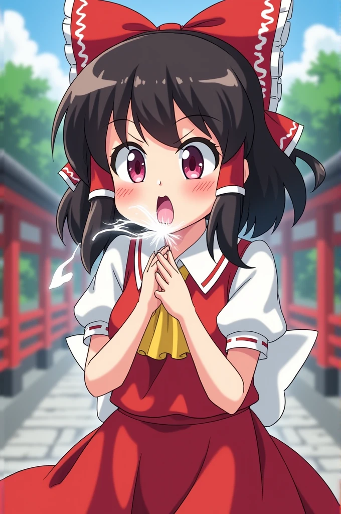 Reimu sits shyly in her swimsuit....、Urinating on the street while handcuffed, And the urine spreads around Reimu.