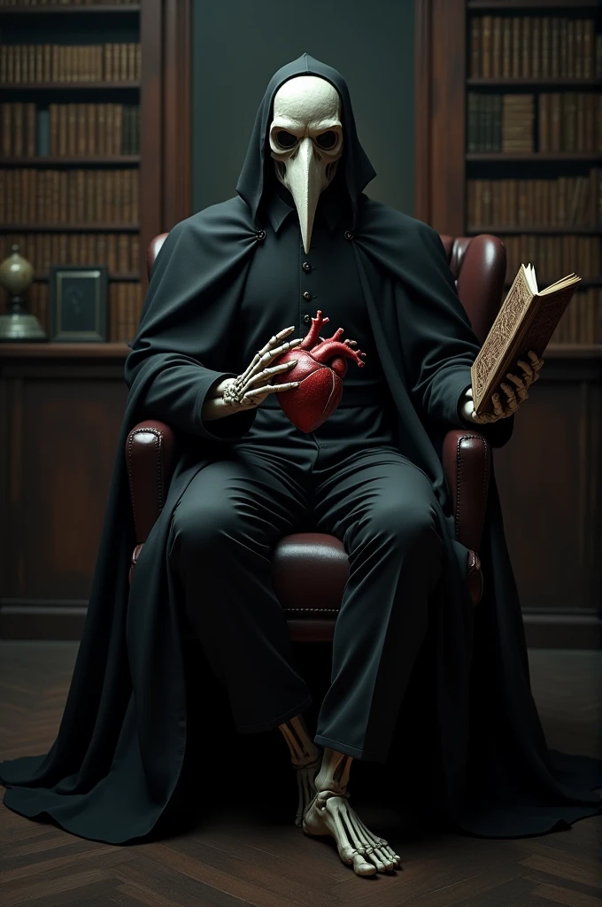 Create a highly detailed vertical image, from an imposing doctor. The doctor is dressed in an old-fashioned black outfit, similar to that of a plague doctor, with a long black cape and a beak-shaped mask. The doctor's body incorporates anatomical elements, but only on the hands or parts of the torso, like skeletal arms with visible muscles and nerves. The background is dark and ominous, resembling an intimidating consulting room or a library, without the presence of skeletal or muscular elements. The doctor is in an elegant pose, whether sitting or standing, holding a beautifully crafted book or a human heart, adding a creepy and authoritarian touch