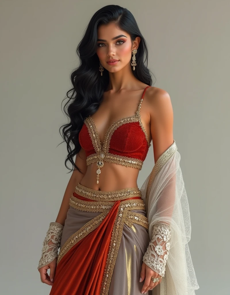 ultra-detailed 3d character of the highest quality, arab-indian mature woman as beautiful as the miss universe, Her outfit is complex and colorful, She's wearing a metallic crimson velvet indian sari top, She's wearing translucid iridescent arabian pants, She's wearing translucent light blue arab harem pants, She's wearing a sparkling seethrough golden see-through floor-length skirt, She's wearing a sparkling light gray silk open robe over the clothes, She's wearing open-toe high heeled sandals, She's wearing intricate sheer white lace bridal gauntlets.