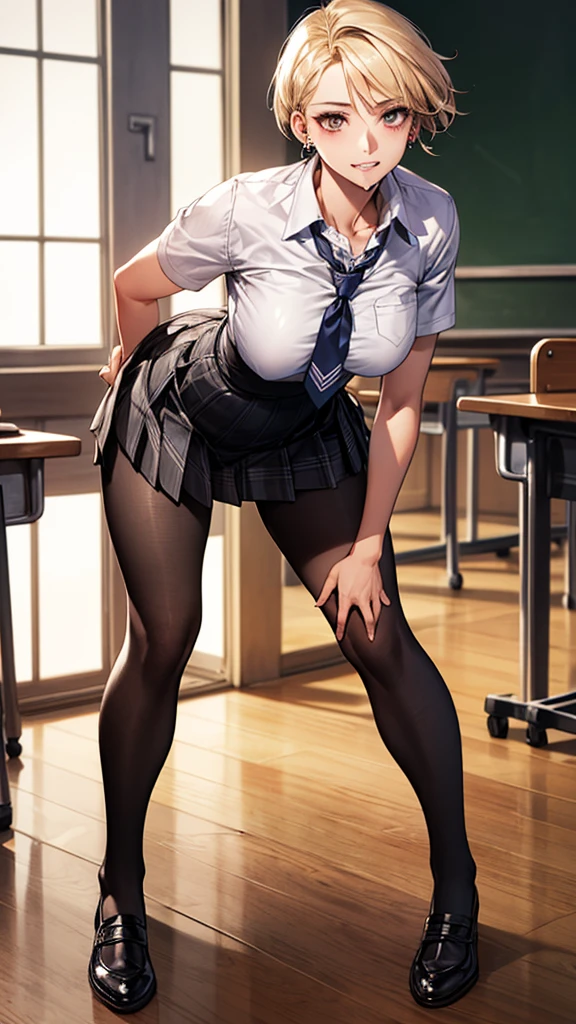 1 girl，high school girl，High-cut underwear，((Low - Angle，，sailor uniform，pointybreasts，angle of view of ceiling，Sitting in a chair，very elaborate white panties，pubic hair，Black knee-high tights，cameltoe))，(Squat)，（From directly below:1.7），((highest quality, Brilliant,8K, masterpiece :1.3)), (Realistic, photoRealistic:1.4),((Brown Skin)),（Very fine and beautiful skin,Black gal）,blonde, Black gal，,Very detailed,Cinematic lighting, Detailed light, Best Shadow, Dynamic Angle,Elaborate panties（high leg pants:1.1）,Super big boobs:1.6, Plump thighs, mini skirt（Pleated skirt），Indentation:1.5，Skirt Lift,，In the classroom