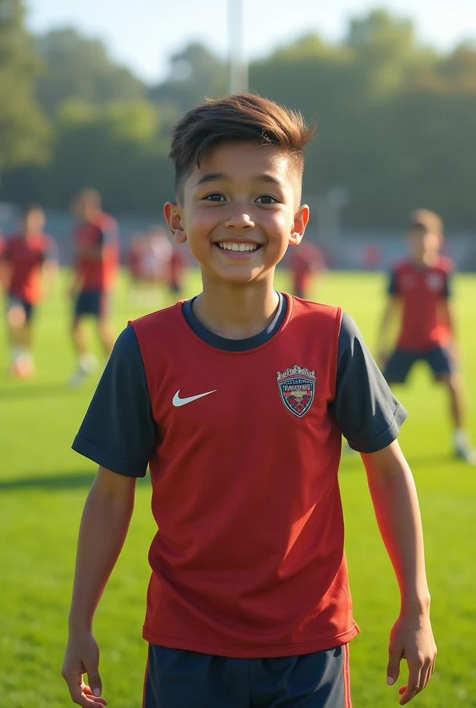 A white football player with a happy face wearing a training vest, in a background with a training field along with other players in the background