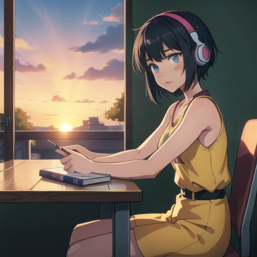 Cute anime girl Lofi Alon, sit at a table with headphones on, sunset, , One Book, Lofty Girl, Arte Roffie, nullアートスタイル, L'official Sensation, Portrait of Roffey, Lofy Color, null, Lo-fi art, Lofi Vibes , Lofty's atmosphere, Lo-fi hip hop, Satoshi might have an art style, The Lo-Fi Girl Aesthetic