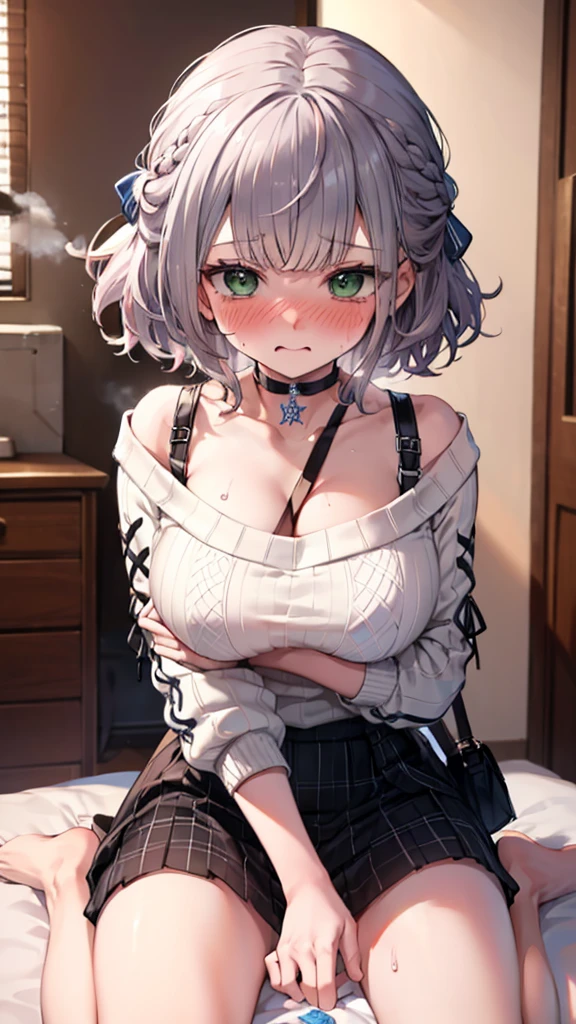 (Highest quality:1.2), (Super detailed:1.2),(masterpiece:1.2),(8k:1.2),(Blessed,Captivating body、Very fine needles、Very fine eye、Super detailedな肌、Highly detailed face,Detailed Background),One Girl、large breasts,
night,dark bedroom,sitting on bed,barefoot, Good, breasts, cleavage, navel, no pants, panties, thighs, underwear, wariza,
(embarrassed, nose blush:1.3)
,(vulgarity:1.1),(fucked silly:1.1),(steam:1.1),(Wet:0.7),(trembling:1.1),(tears:0.8) ,(drooling:0.7),(sweat:1.1),after sex,(heart:1.3),
,(messy hair:1.2),used condom,used tissue, tissue box, ccnoel, short hair, french Goodid, hair ribbon, green eyes, black choker, collarbone, cleavage, off-shoulder sweater, white sweater, plaid skirt
