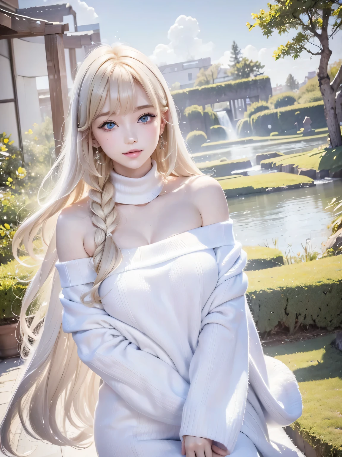 1 girl, cute face, art style, Beautiful white and shining skin、Blonde hair changes color depending on how the light hits it.、Long bangs obstruct the view、Highlights of cheek luster、Sexy, very beautiful, adorable, cute, gorgeous face、The most beautiful face in the world、Super long and gorgeous blonde hair、Smooth straight hair、big, light blue eyes shimmering、Beautiful Bangs、Beautiful and cute 16 year old girl、medium breasts, from side, Off-the-shoulder knit sweater、background:GB, ruins