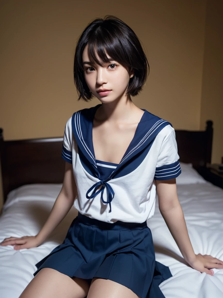 (masterpiece:1.2), Very detailed, Ultra-high resolution, (Realistic, photo Realistic:1.6), High-resolution RAW color photos, Professional photos, Sharp focus:1.2, (Very detailed顔と肌の質感, Very beautiful eyes, Glossのある肌, Glowing Skin, Glowing Skin, Shining Face, Gloss, Oily skin, greasy face, Oily skin, greasy face,),, (real Glossのある肌 texture), Perfect Anatomy, Very detailed背景,(Single bed),((1 female)),25-year-old woman, Japanese women,height: 168cm,(short hair, Straight hair, bangs, Brown Hair),(Flat Chest:1.6),(Slim, thin legs), ((((See-through Short Sleeve White Sailor School Uniform Shape、Navy blue pleated skirt:1.5、Sexy T-panties under skirt))),(Sit at a desk)