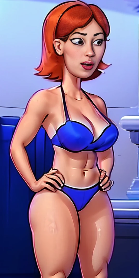 Scenario: Simple background character: woman alone: cos, cos inteiro, End to end: Tall and slender, com cos de ampulheta. Toned and muscular physique. thin abdomen. Perfect Anatomia. (hands on hips, good hands, BETTER HANDS)