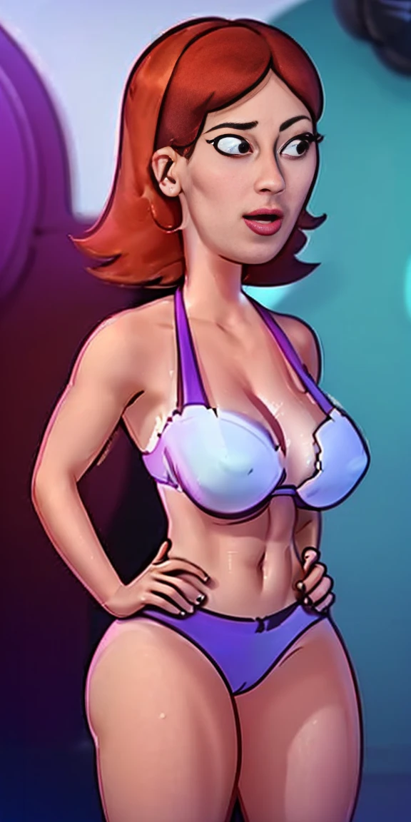Scenario: Simple background character: woman alone: cos, cos inteiro, End to end: Tall and slender, com cos de ampulheta. Toned and muscular physique. thin abdomen. Perfect Anatomia. (hands on hips, good hands, BETTER HANDS)