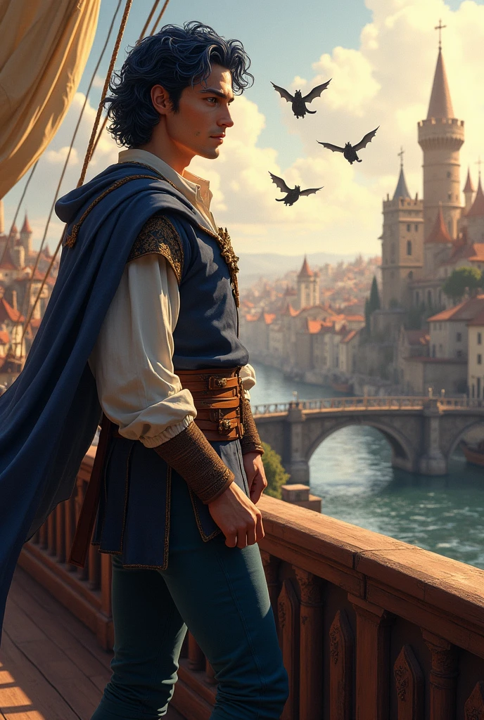 (photorealism:1.2), handsome man, looking at a medieval city from a medieval caravel, wearing medieval clothes, medieval pants, mid-long curly navy blue hair, navy blue eyebrown, blue eyes, sunlighting, three little dragons flying at the background, relaxed pose, realistic, intricate details, warm colors, medium skin.