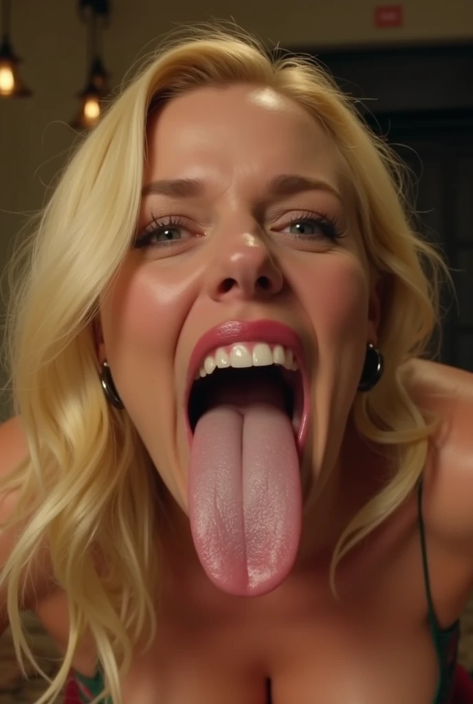 Actress Rebel Wilson opens her mouth wide showing you her uvula and super thick slimy white Tongue while jerking off a realistic penis that has semen on the tip