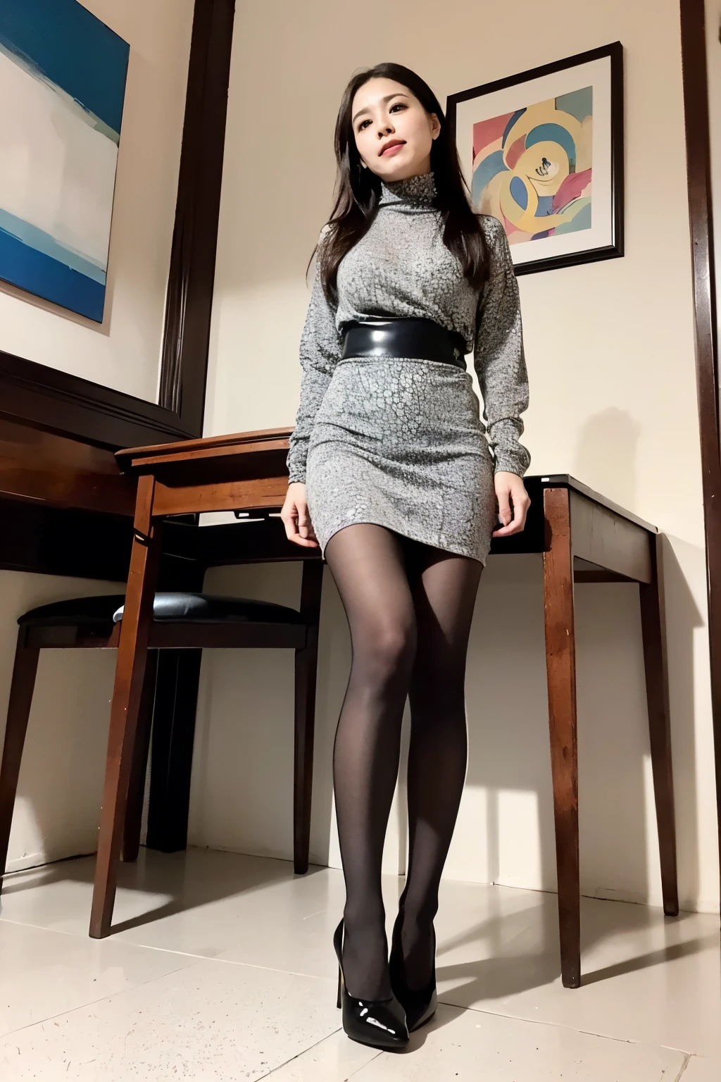 (((8k、High resolution、Highest quality、High resolution)))alone、
Natural body shape、White skin、Natural Makeup、((Black Hair、bangs、Straight Long Hair))、(((Sitting on a chair)))、Incredible beauty、Beautiful mature woman, (:1.4)、(())、(((((Full body photo)))))、(((Looking into the camera)))、((Super realistic modern patterned pantyhose)),
(Modern cut high-neck dress with abstract Art Nouveau print in monochrome:1.4), accessorized with (minimalist geometric silver necklace:1.2), and (stylish matte black stilettos:1.1).
(Dress and pantyhose), (Shot from below:1.7),