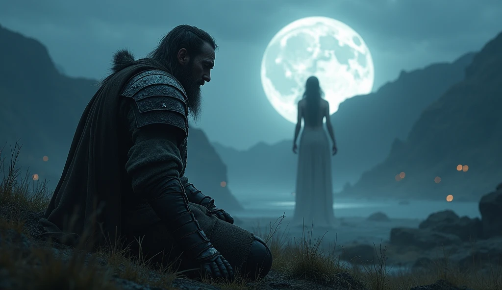 fantasy, night, deadly wounded nordic BLACK viking, IX century, warrior see a goddes in deadly amok, moonlite confession to goddes Freya, NUDE, NAKED, realistic, bokeh, immersive background of nordic fiords and battlefield at night
