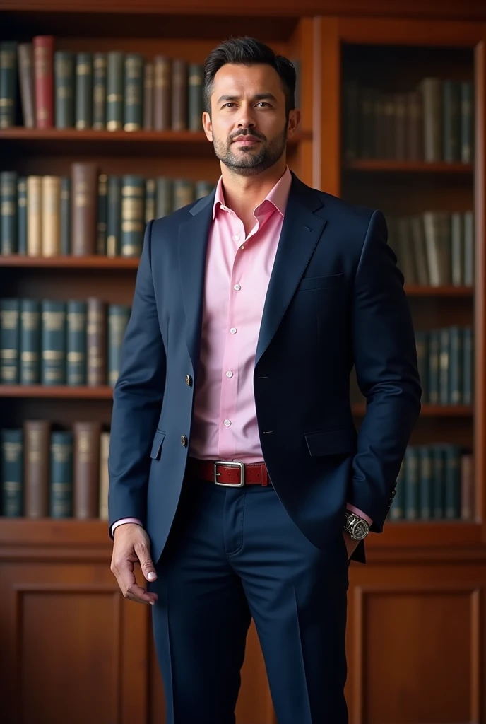 YouTube Presenter Prompt. Asian man, 35 years old, handsome and elegant, Wearing a uniform, suit,masculine and muscular handsome, Muscles look good, strong body with clear skin,(thin eyes blue 1.3), full body photo to the floor (Ultra -detailed, photo realistic, best quality, 8K, high resolution, artwork:1.3), a mature, charming and distinguished man, (muscular build body in blue suit) wears a pink shirt under his suit, tailored, and no tie, closed, top casually, perfectly fitted pants, sweat, shirt with buttons, face with details, pants blue, fitted, red shoe, horny, Accessories include a luxury wristwatch and hands free out of pockets and discreet, and a leather belt, but elegant, in the photo studio,Looking at the viewer, very tall library background with many books on criminal law.