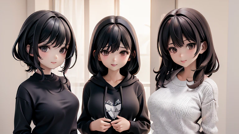 30-year-old woman、Mother,Married women,,Black Hair,Small breasts、Small breasts、Casual wear、Calm appearance、sweater、shirt、4 clothing patterns、Clothing design、Triangular hood on the head、whole body、One character、