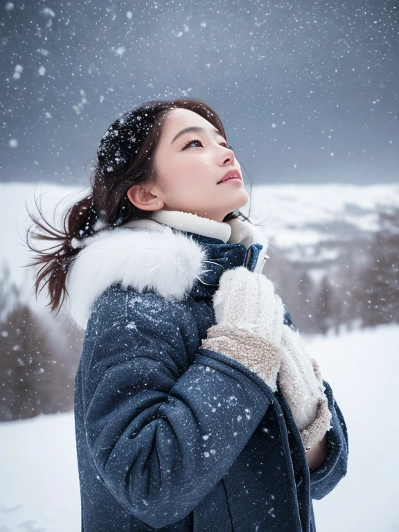 Beautiful woman、Standing on a snowy mountain, looking up at the sky、early morning、((Snowstorm))、((the wind is strong))、((The snow is falling heavily))、(((Holding the collar of his coat with his hands)))、Dim view、Photorealistic