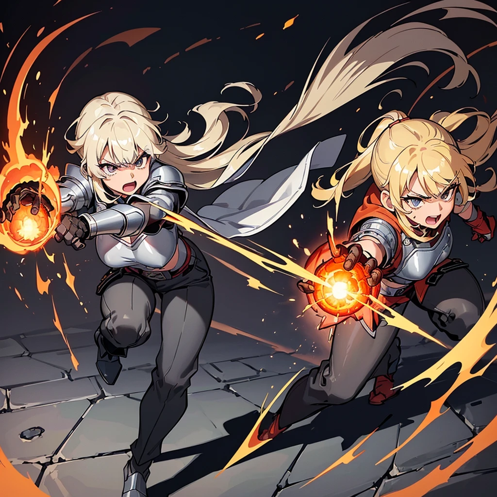 ((((Solo))))、Best illustrations、Best Quality、(Full body character concept、Character Design)、(((Grey Armor、Black trousers、Black gloves))、(woman、18-year-old)、(Blonde、Long Hair)、(Get Ready、Run)、(get annoyed、Open your mouth)、(Particles of light, light, fireball、inflammationの玉、inflammation、inflammationの魔法、Deathblow)、Dramatic Angle、Both hands in front、Diagonally below