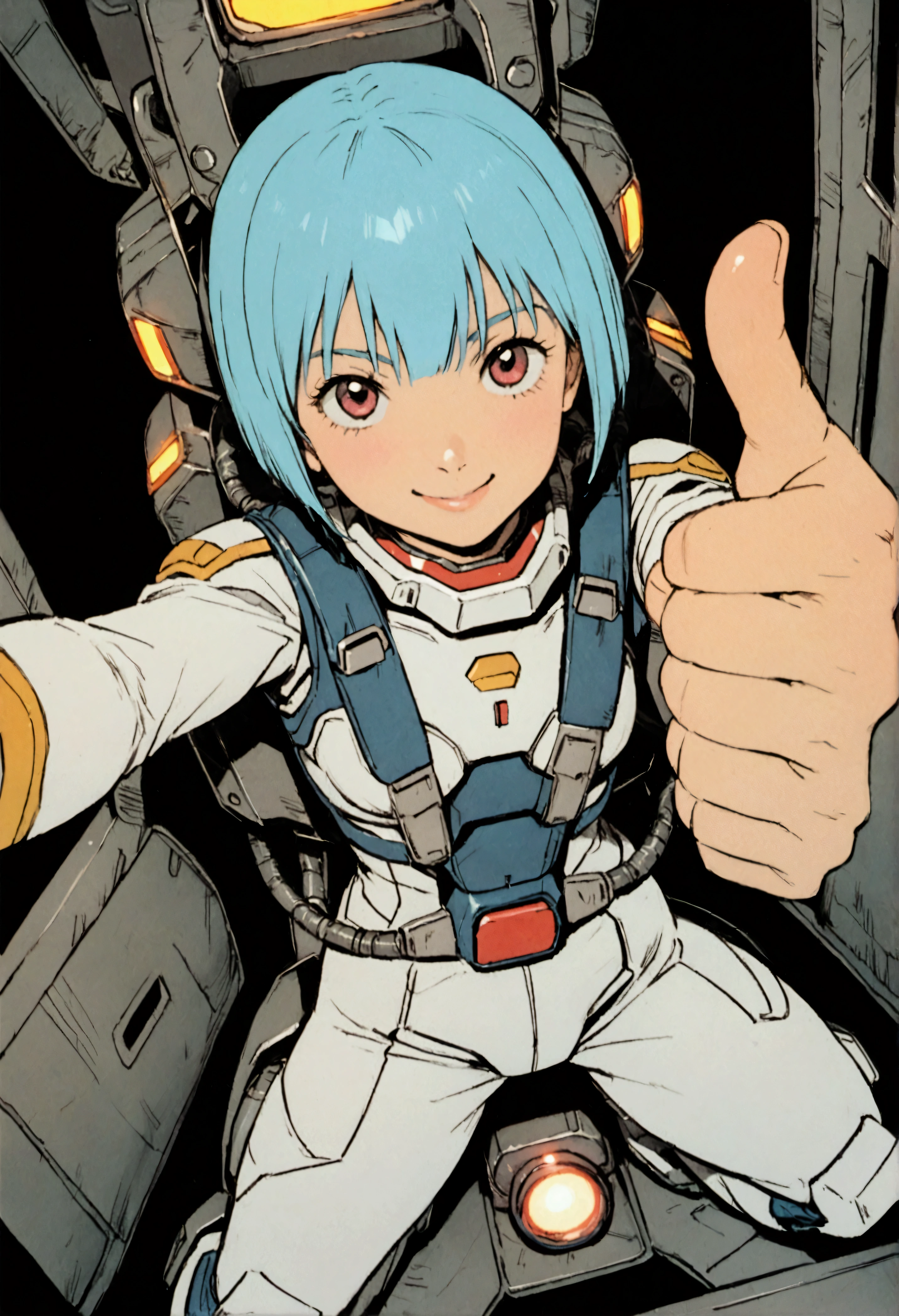 Gundam Wing Cockpit、Futuristic Suit、20-year-old、Very beautiful woman、solo、Blue Hair、Bobcut、The meter lights up、Thumbs up、smile、Dynamic pose、Shooting from above with a wide-angle lens。