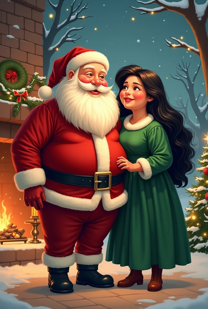 Santa Claus with his chubby wife black hair