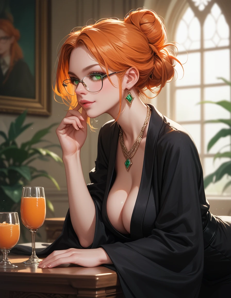 score_9, score_8_up, score_7_up, score_6_up, anime_source, thicc female lawyer, English court, from side, bending forward, leaning on a table, black lawyer robe, deep cleavage, orange hair, hair bun, green eyes, glasses, necklace, busty, 