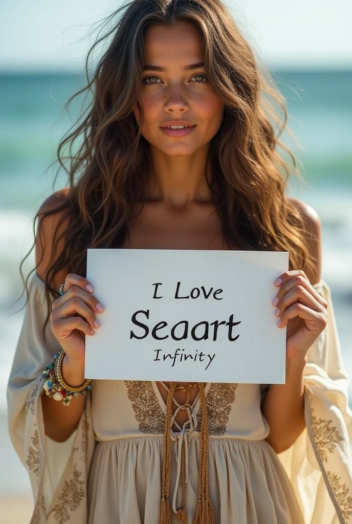 Beautiful girl with wavy long hair, bohemian dress, holding a white board with text "I Love Seaart Infinity" and showing it to the viewer