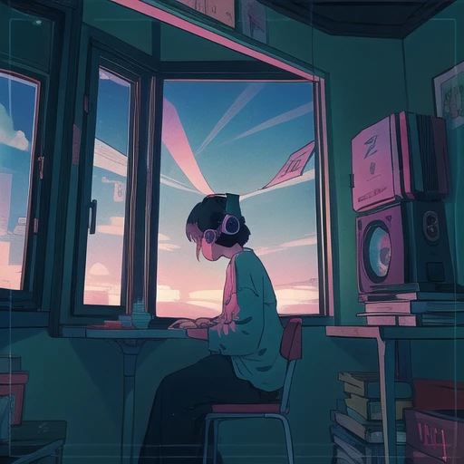a cute anime girl lofia alone, sitting at a table wearing headphones, sunset, a book, lofia girl, arte lofi, null art style, lofi sensation, lofia portrait, lofi colors, null, lowfi art, lofi vibes, lowfi ambience, lowfi hip hop, satoshi might have an art style, lowfi girl aesthetics