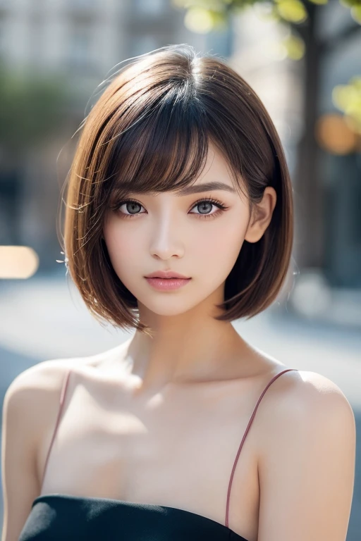 A highly detailed and high-resolution. She has a small, delicate face with a slightly cat-like appearance. Her eyes are large, black, and slightly upturned, giving a mysterious and captivating look. She has a small, well-defined nose and a small, elegant mouth. Her skin is smooth and fair, with a subtle glow. Her makeup emphasizes her eyes, with bold eyeliner and a touch of mascara to enhance her natural beauty. Her lips are painted with a soft, natural pink color. Her hair is styled in a sleek, shoulder-length bob, with a slight wave. She is wearing a fashionable outfit that complements her sophisticated and chic style. The background is simple and neutral to keep the focus on her face.