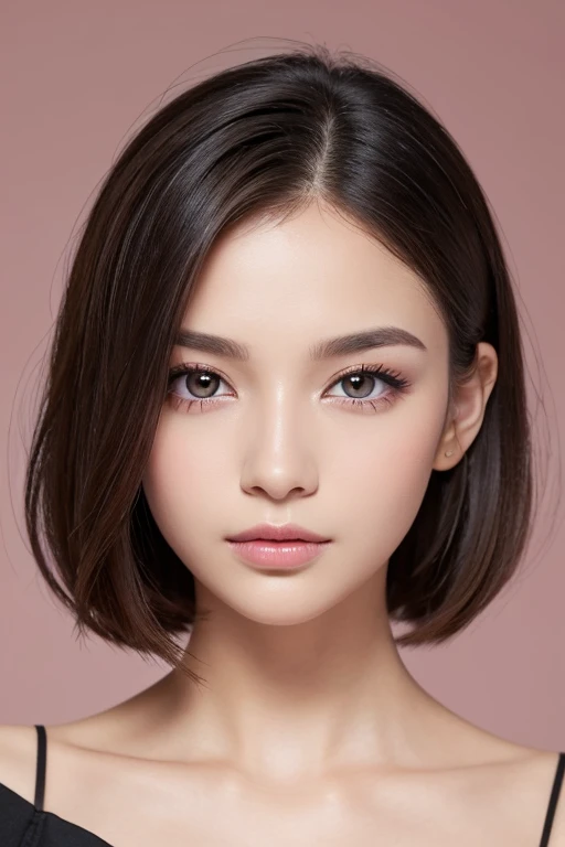 A highly detailed and high-resolution. She has a small, delicate face with a slightly cat-like appearance. Her eyes are large, black, and slightly upturned, giving a mysterious and captivating look. She has a small, well-defined nose and a small, elegant mouth. Her skin is smooth and fair, with a subtle glow. Her makeup emphasizes her eyes, with bold eyeliner and a touch of mascara to enhance her natural beauty. Her lips are painted with a soft, natural pink color. Her hair is styled in a sleek, shoulder-length bob, with a slight wave. She is wearing a fashionable outfit that complements her sophisticated and chic style. The background is simple and neutral to keep the focus on her face.