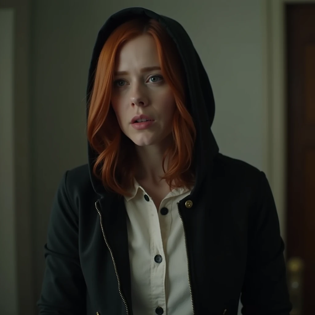 karen gillan, black hooded jacket, white button undershirt, grossed out expression