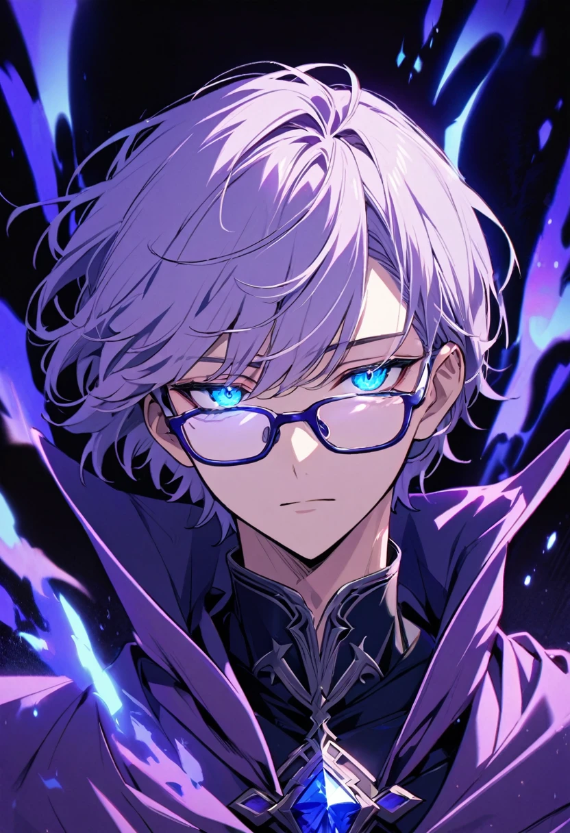 male, solo, handsome, light purple hair, beautiful color, short hair, blue eyes, glasses, gorgeous background, dark blue aura, glowing eyes, beautiful eyes, floating blue gemstone, floating purple warrior, short hair, half eyes