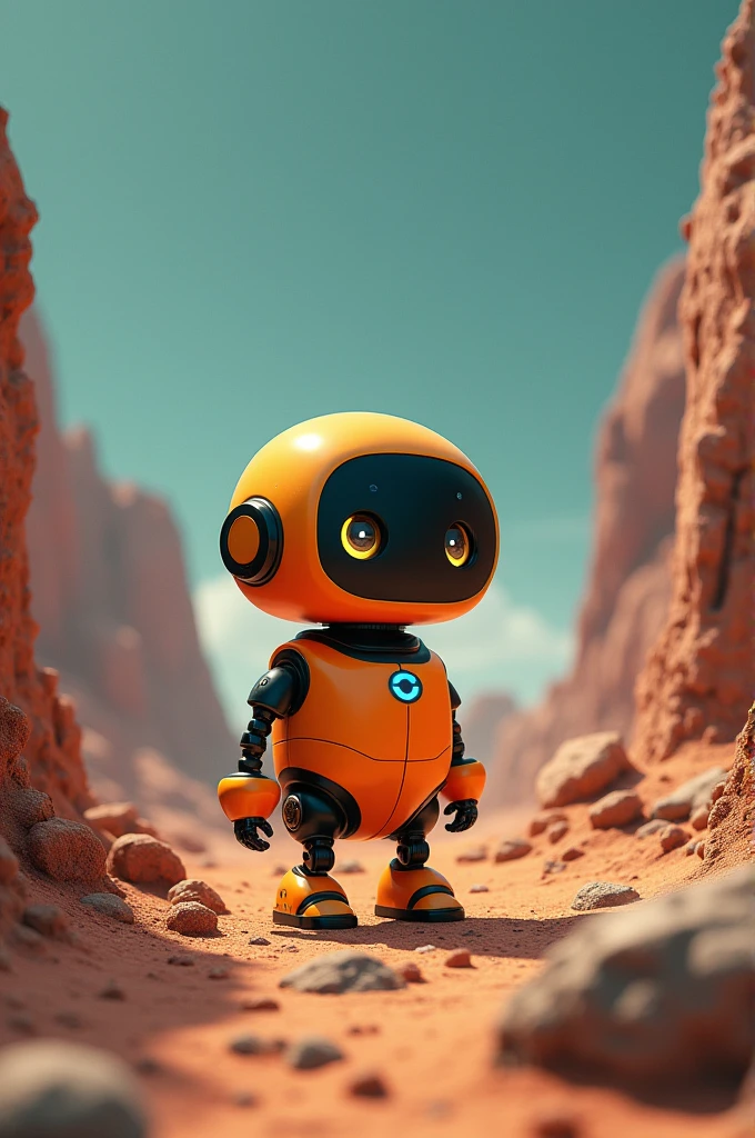 A small, cute robot named "Tinku" standing on a rocky planet surface.