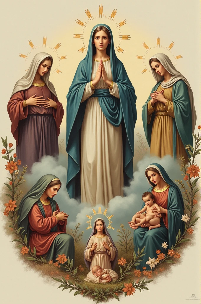 Create a circle, and divide it into 5 parts, then place different images, in each part. Part 1 Mary and Angel Gabriel, 2 part maria visiting her first, 3 part mary having jesus, 4 part mary joseph and jesus, and in the last part, Mary being taken to heaven.