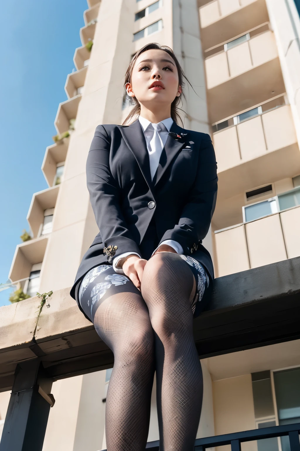 masterpiece, Bokeh, (Beautiful Face), (Detailed face), (Perfect hands), (Japanese Idols:1.6), (business suit:1.3), (Super realistic modern patterned pantyhose:1.3), (Sit at the top of the tower:1.3),( Balcony of a high-rise apartment building:1.3), (Blushed:1.3), High heels, (From below:1.8), Beautiful mature woman、
