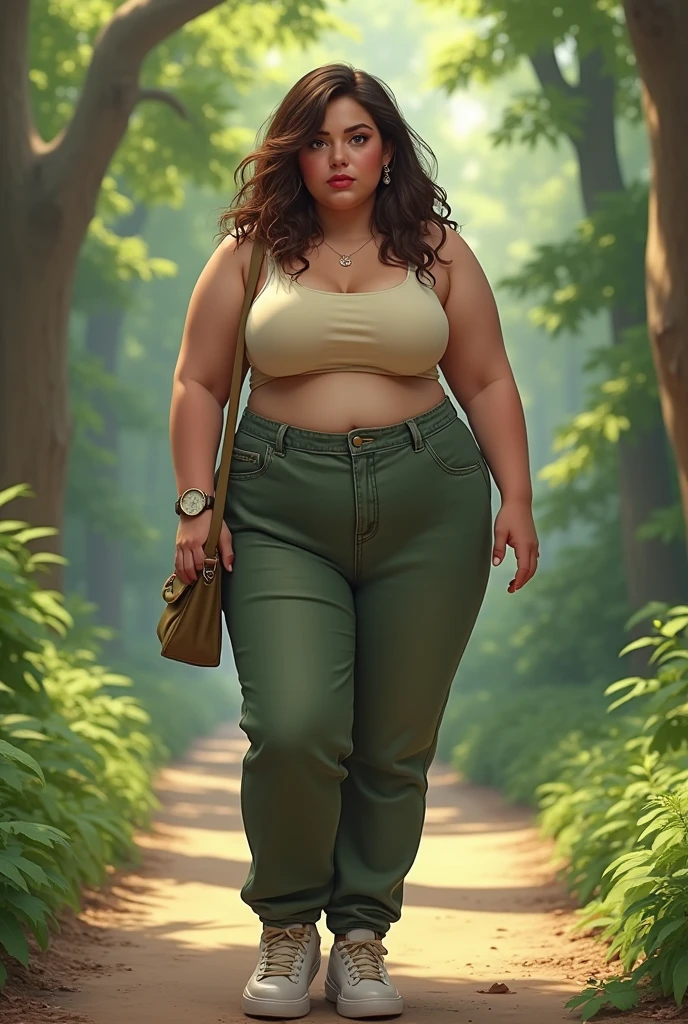 A 20 year old thick busty large breasts woman wearing a tomboyish covering outfit that is not revealing at a park